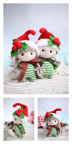 two small stuffed animals wearing christmas hats and scarves on their heads, sitting next to each other