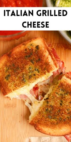 a cheesy Italian grilled cheese on a wood cutting board Tuscan Grilled Cheese, Pennini Sandwich, Grilled Cheese With Prosciutto, Italian Sandwich Sauce, Grilled Italian Sandwiches, Italian Grilled Cheese Sandwich, Sandwich And Soup Ideas, Panini Sauce, Prosciutto Sandwich Ideas