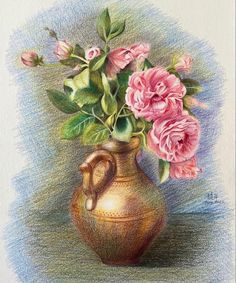 a drawing of pink roses in a vase