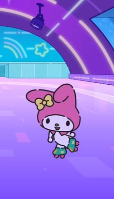 an animal crossing game with a hello kitty character in the center and purple lighting behind her