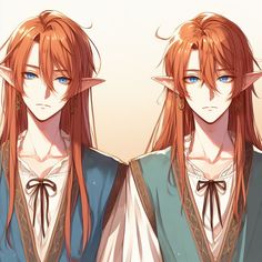 two anime characters with long red hair and blue eyes, one wearing an elf's outfit