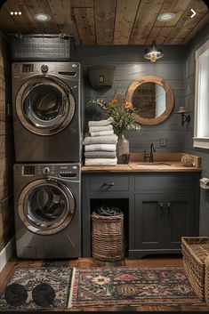 a washer and dryer in a small room