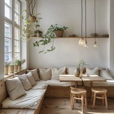 a living room filled with lots of furniture and plants on top of windowsills