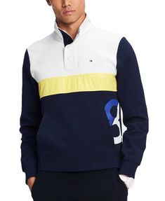 &lt;p&gt;A contemporary finish to your casual look, this colorblocked pullover from Tommy Hilfiger features iconic logo detailing from Tommy Hilfiger and a modern mock collar and button closure.&lt;/p&gt;

&lt;ul class=&quot;&quot;&gt;
 	&lt;li&gt;Approx. model height is 6'1&quot; and he is wearing a size medium&lt;/li&gt;
 	&lt;li&gt;Regular fit&lt;/li&gt;
 	&lt;li&gt;Mock collar; button-closure&lt;/li&gt;
 	&am Billabong Men, Sweatshirt White, Iconic Logo, Sweatshirts Online, Type Of Pants, Tommy Hilfiger Man, Athletic Fashion, White Hoodie, White Sweatshirt