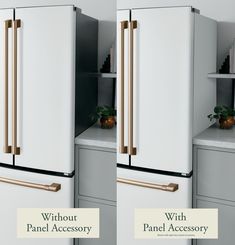 two white refrigerators side by side with gold handles