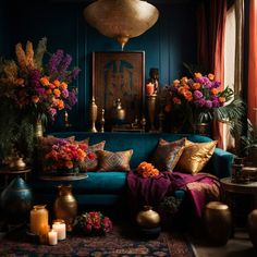 a living room filled with lots of colorful flowers