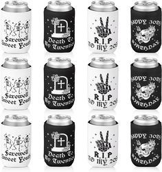 twelve different types of beer cans with black and white designs