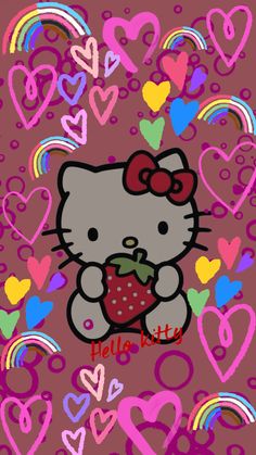 a hello kitty wallpaper with hearts and rainbows