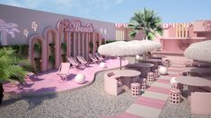 an artistic rendering of a pink and white resort with lounge chairs, umbrellas and palm trees