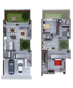 two floor plans with one car parked in the garage