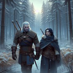 two people standing in the middle of a snow covered forest, one holding swords and the other looking at something