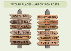 several wooden signs pointing in different directions with the names of various places on them, including one that reads wizard places - arrow sign posts