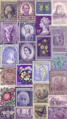 many different types of stamps are arranged in a grid pattern, including one with flowers and the other with butterflies