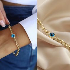 "Ⓜ14 K Gold Rolo Doc Evil Eye Bracelet Charm Chain Hoop Birthdays Gift For Women Luck Blue Gold Jewelry Design Handmade Dainty ⓂEvil Eye Bead Bracelet People have used Evil Eye Bead to avoid bad looks since long time. You can give a gift to the people you cared who dazzle with their beauty and want to be protected from the evil eye. This Evil Eye Bead Bracelet symbolizes grace and elegance. We designed this bracelet for you beautiful women who are always loved and do not compromise on their eleg Gold Evil Eye Bangle Bracelet As Gift, Gold Charm Bracelet With Evil Eye, Evil Eye Bracelet With Adjustable Chain As Gift, Blue Round Gold Bracelet For Gift, Blue Bracelet Jewelry For Birthday, Blue Jewelry With Gold Chain As Gift, Blue Gold Chain Jewelry Gift, Blue Jewelry With Gold Chain For Gift, Blue Gold Jewelry