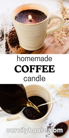 homemade coffee candle is being poured into a cup