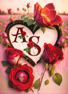 a heart with roses and the letter a is surrounded by other flowers