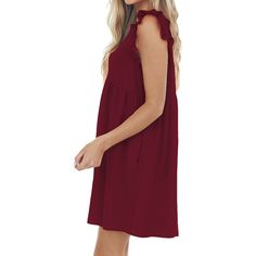 Burgundy V-neck Ruffle Sleeve Pocketed T-shirt Dress V-neck Mini Dress With Ruffles, Casual Ruffle Sleeve Dress For Daywear, Casual Ruffle Dress For Date Night, Casual Mini Dress With Ruffle Sleeves For Daywear, Casual Ruffle Hem Dress For Date Night, V-neck Ruffle Dress For Daywear, Casual V-neck Ruffle Dress, V-neck Ruffled Mini Dress For Daywear, Ruffled V-neck Mini Dress For Daywear