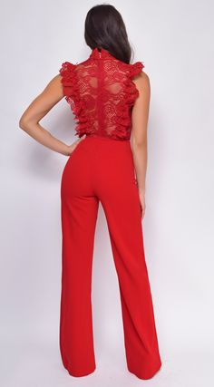 Vanna Red Crochet Flared leg Jumpsuit – Emprada Crochet Mock Neck, Red Dress Pants, Black Bandage Dress, Bandage Jumpsuits, Red Crochet, Satin Gown, Tiered Maxi Dress, Black Crochet, Printed Midi Dress