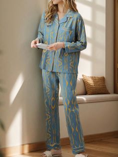 Autumn And Winter Women's Pajamas Set Fashion Lapel Button Pajamas Long Pajama Pants Elegant Comfortable Home Wear 2 Pieces Multicolor Cute,Elegant,Casual-Young  Long Sleeve Woven Fabric Striped,All Over Print Pant Sets Slight Stretch Fall,Spring,Spring/Fall,Summer,Winter,All,Spring/Summer,Fall/Winter,Spring/Summer/Fall Women Sleep & Lounge, size features are:Bust: ,Length: ,Sleeve Length: Long Pajama Pants, Pants Elegant, Home Clothes, Comfortable Home, Printed Robe, Women's Pajamas, Home Wear, Autumn Fashion Casual, Womens Tights