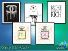 four different posters with chandelier and perfume bottles on the same wall, one is for