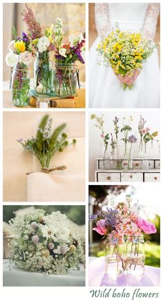 four different pictures with flowers in vases