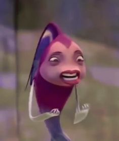 a cartoon character with pink hair and blue eyes is smiling at the camera while standing in front of a blurry background