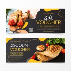 two restaurant vouchers with grilled meat and vegetables