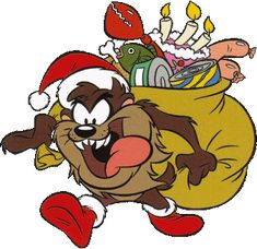 an image of a cartoon character running with christmas decorations on his head and hands in the air