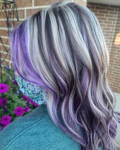 Grey Hair Purple Tips, Black Grey And Purple Hair, Silver Blonde And Purple Hair, Gray And Color Hair, Purple Hair With Grey Highlights, Hair Color Ideas With Grey, Gray Hair With Purple Highlights Silver, Purple Lowlights In Grey Hair, Purple Hair Over 50 For Women