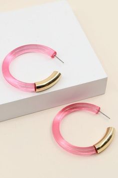 Disco Days Lucite Hoop Earrings - Jolie Vaughan | Online Clothing Store in Baton Rouge Online Clothing Boutiques, Online Womens Clothing, Bright Colors, Gold Bracelet, Hoop Earrings, Purple, Pink, Gold