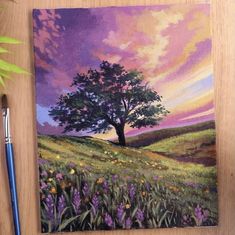 a painting of a tree in the middle of a field with purple and yellow flowers