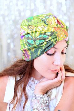 This wearable art fashion turban features exclusive fabric created from Mademoiselle Mermaid's flower photography!! Cotton jersey knit is super soft 'n lovely to wear and really comes to life in a gorgeous tropical butterfly print. A perfect hair turban for early morning meditations, art walks, film festivals, and leisurely weekend brunches. Tuck your hair up into it for a 1920's take on the item, or let your hair fall loose for a more bohemian vibe. ...Add a sparkly rhinestone jewel for a glamo Spring Headscarf One Size Fits Most, Casual Beach Turban For Spring, Green Headband For Beach And Spring Season, Green Headband For Beach In Spring, Green Headband For Beach And Spring, Summer Knotted Headscarf, Whimsical Multicolor Headband For Summer, Adjustable Green Headscarf For Spring, Summer Headwrap Beanie One Size