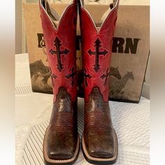 Absolutely Beautiful Ariat Red Leather Boots With Black Crosses On The Shaft. I Almost Hate To Sell These Because They Are So Pretty. Boot Box Says Pink But These Are Red. Western Red Square Toe Boots, Red Western Boots With Square Toe, Red Leather Boots For Rodeo, Red Square Toe Western Boots, Red Fitted Boots For Rodeo, Fitted Red Boots For Rodeo, Red Snip Toe Boots With Red Sole, Red Snip Toe Boots, Vaquera Boots