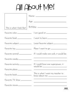 an all about me worksheet with the words in black and white on it