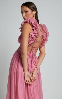 Marielly Maxi Dress - Side Cut Out V Neck Ruffle Detail Sleeve Dress in Pink | Showpo USA Pink Ruffle Dress, Side Cuts, Neck Ruffle, Ruffle Dress, Pink Dress, Day Dresses, Cut Out, Spring Fashion, Dresses With Sleeves