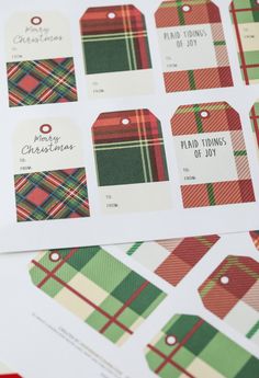 christmas gift tags with plaid patterns and red, green, and white designs on them