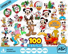 mickey mouse christmas clipart bundle with 100 designs for personal and commercial use - instant digital files