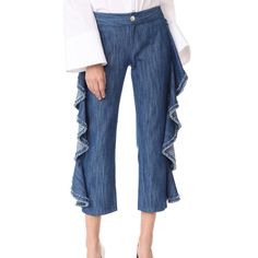 Alexis Nikki Ruffle Cropped Jeans Size Xs. Capri Length To Mid Calf As Seen In Cover Photo. Denim Pants. Ruffle Pants, Jumpsuit Trousers, Cover Photo, Low Waist, Cropped Jeans, Cover Photos, Denim Pants, Mid Calf, Pant Jumpsuit