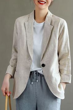 Cotton Coats For Women Summer, Summer Coats For Women, Linen Jacket Outfit, Summer Linen Blazer, Linen Blazer Outfit Women, Linen Coats Women, Hijab Wardrobe, Linen Blazer Outfit, Natural Fibers Clothing