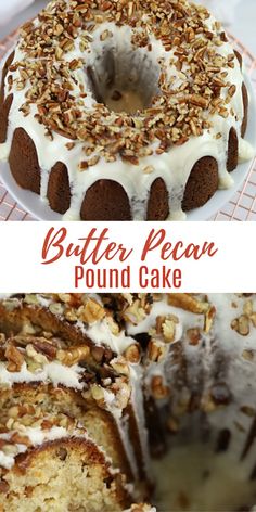 a bundt cake with white frosting and pecans on top