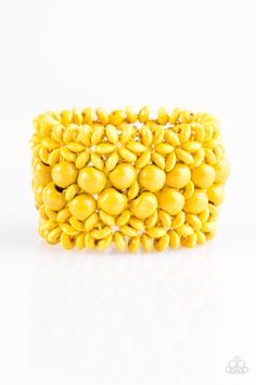 Yellow wooden accents are threaded along elastic stretchy bands, creating an ornate bracelet. Rounded yellow wooden beads line the center of the summery pattern for a bold finish. Cheap Yellow Statement Bracelet, Bff Accessories, Yellow Bracelet, Wooden Bracelet, Paparazzi Accessories, Paparazzi Jewelry, Mellow Yellow, Online Accessories, Wooden Beads