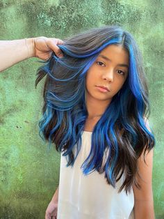 Blue Vivid Hair Color, Blue Halo Hair Color, Dyed Hair Inspiration Blue, Blue Extensions Hair, Black And Light Blue Hair, Blue And Purple Hair Highlights, Brunette With Blue Highlights, Purple Hair Color Ideas For Blondes, Under Hair Dye Blue