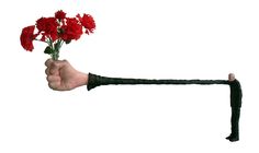 a hand holding a bunch of red carnations in it's fist with a black handle