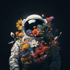 an astronaut with flowers in his suit