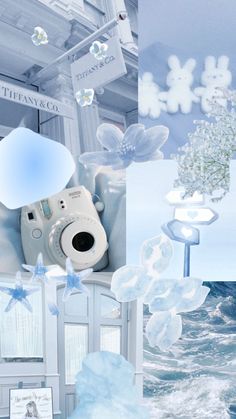 a collage of photos with blue and white items in the foreground, snowflakes on the background