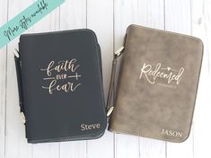 two personalized bibles with gold lettering on them, one is black and the other is gray