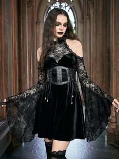 Kleid mit Kontrast Spitzen, schulterfrei Samt ohne Korsett Schwarz Lässig  Langärmelig Strickstoff Einfarbig A Linie Leicht-dehnbar  Women Clothing, size features are:Bust: ,Length: ,Sleeve Length: Vampire Gown, Styl Goth, Fairy Gown, Witchy Dress, Vampire Dress, Goth Victorian, Short Noir, Ren Fair, Gothic Corset