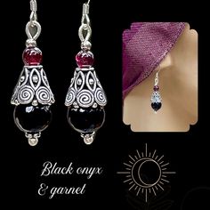 Black onyx and Garnet silver Bohemian dangle earrings. You will love these gemstone beauties! The bead caps are hand cast silver with a beautifully intricate design. The stones are faceted black onyx and Garnet. The French earwires are sterling silver. These earrings are 1 1/2 inches long and a half inch wide. All my jewelry comes gift boxed with a custom Shelly Mariposa Design butterfly card ready for gift giving, whether it is a gift for you or someone special. Your satisfaction is very import Traditional Adjustable Onyx Jewelry, Traditional Onyx Jewelry Gift, Traditional Onyx Jewelry As A Gift, Elegant Black Earrings With Silver Beads, Silver Onyx Drop Earrings, Traditional Black Sterling Silver Earrings, Teardrop Silver Beads Jewelry Gift, Teardrop Silver Beads Jewelry As Gift, Black Bohemian Sterling Silver Earrings