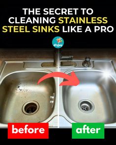 a sink before and after cleaning with the words, the secret to cleaning stainless steel sinks like a pro