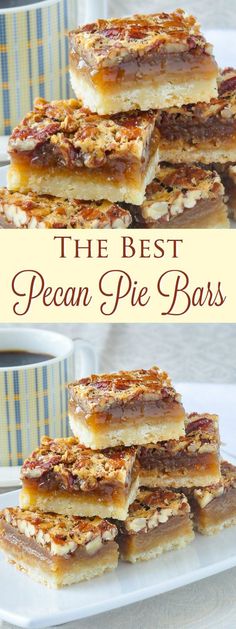 the best pecan pie bars are stacked on top of each other and ready to be eaten